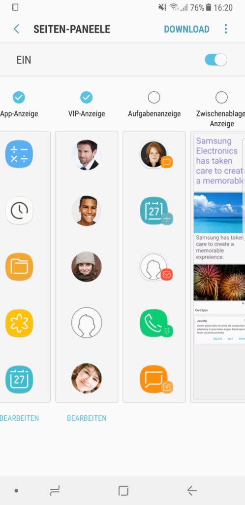 Galaxy Note 8 Seitenbildschirm-Funktionen