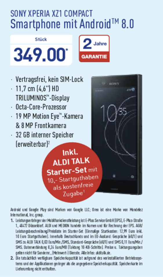 Sony Xperia XZ1 Compact im Angebot bei Aldi Nord