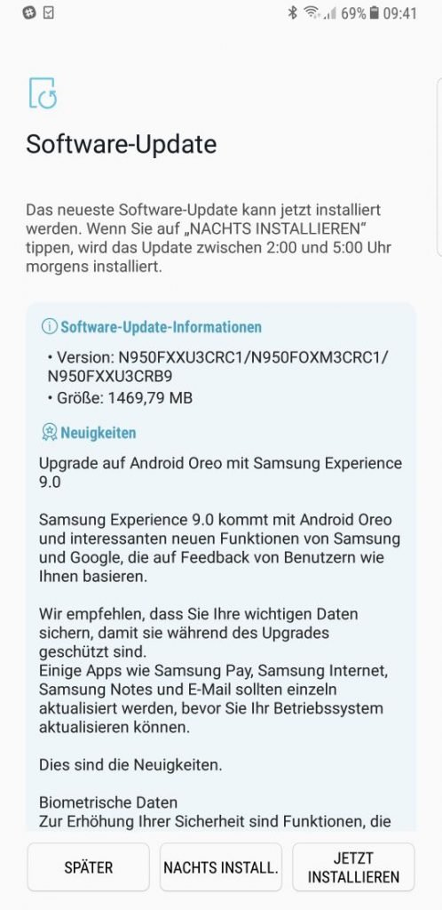 Screenshot Update auf Android 8.0 beim Samsung Galaxy Note 8