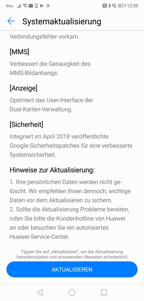 Google Sicherheitspatch April 2018 beim Huawei P20
