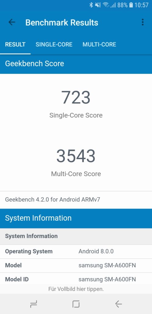 Geekbench Testergebnisse Galaxy A6 (2018)