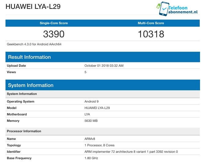 Huawei Mate 20 Benchmark Leak