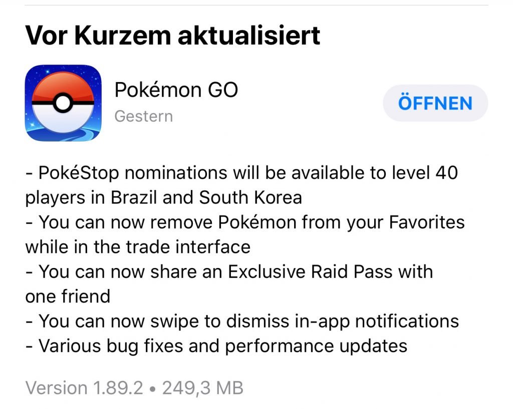 Pokémon GO Update iOS Changelog