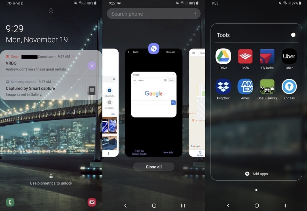 Samsung One UI auf drei Screenshots